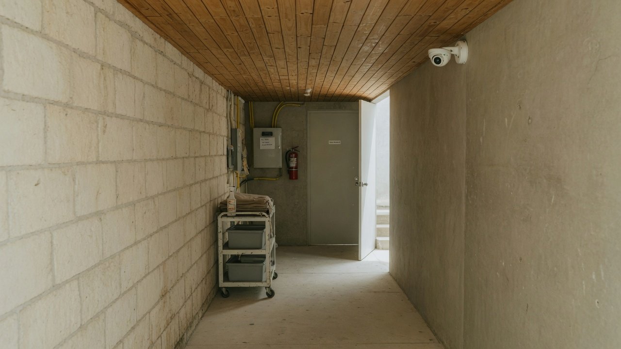 Lobby contemporáneo con videovigilancia discreta (imagen conceptual)
