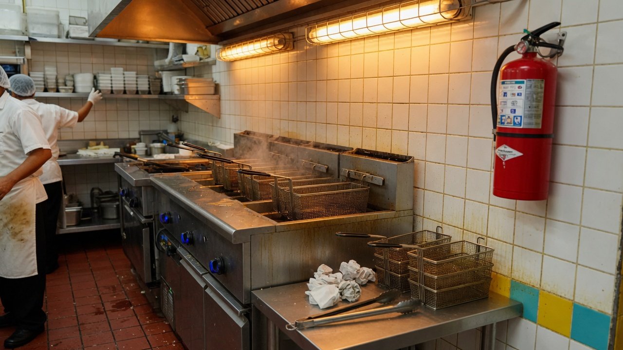 Cocina de restaurante con extintor (imagen conceptual)