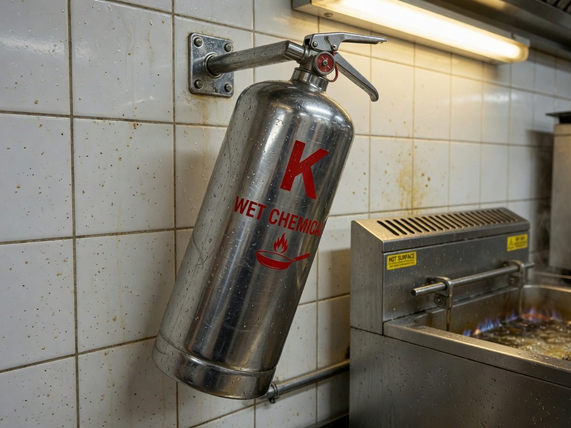Extintor clase K de agente húmedo junto a una freidora (imagen conceptual)