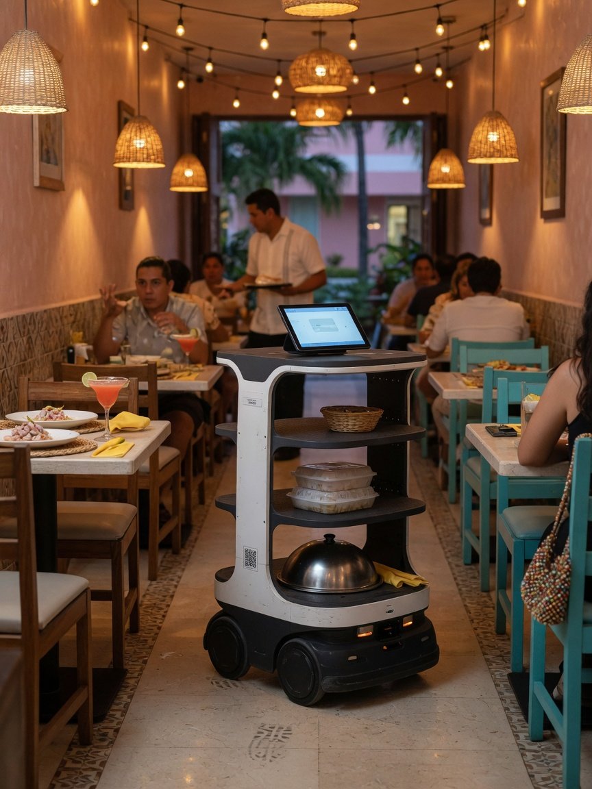 Robot de entrega compacto de tres charolas en un pasillo de restaurante (imagen conceptual)