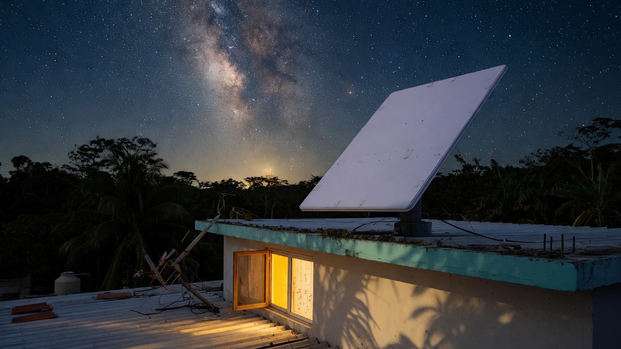 Starlink en azotea rural bajo cielo estrellado (conceptual)